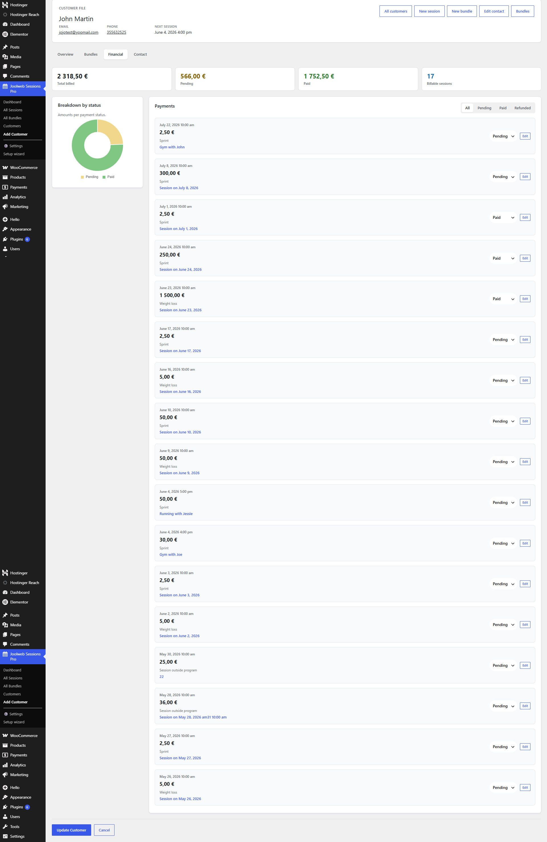 Customers details to Sessions Pro