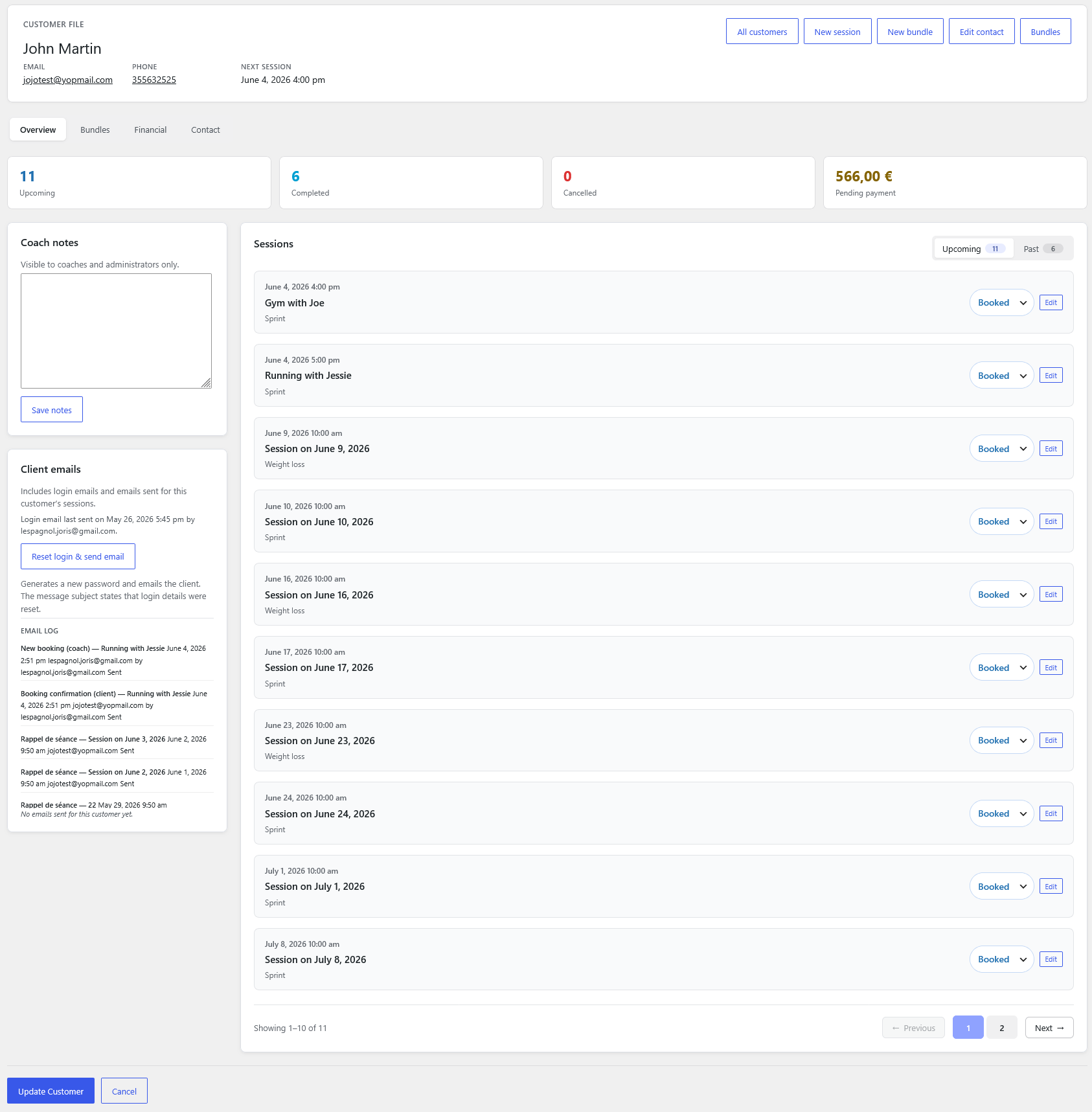 Customers details to Sessions Pro